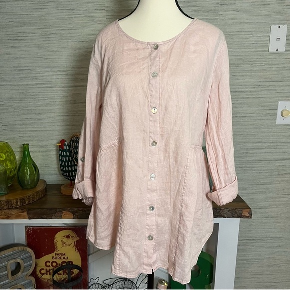 Sigrid Olsen Womens M Pink Button Up Shirt 100% Linen Tunic Top Roll Tab Sleeve - Picture 8 of 8